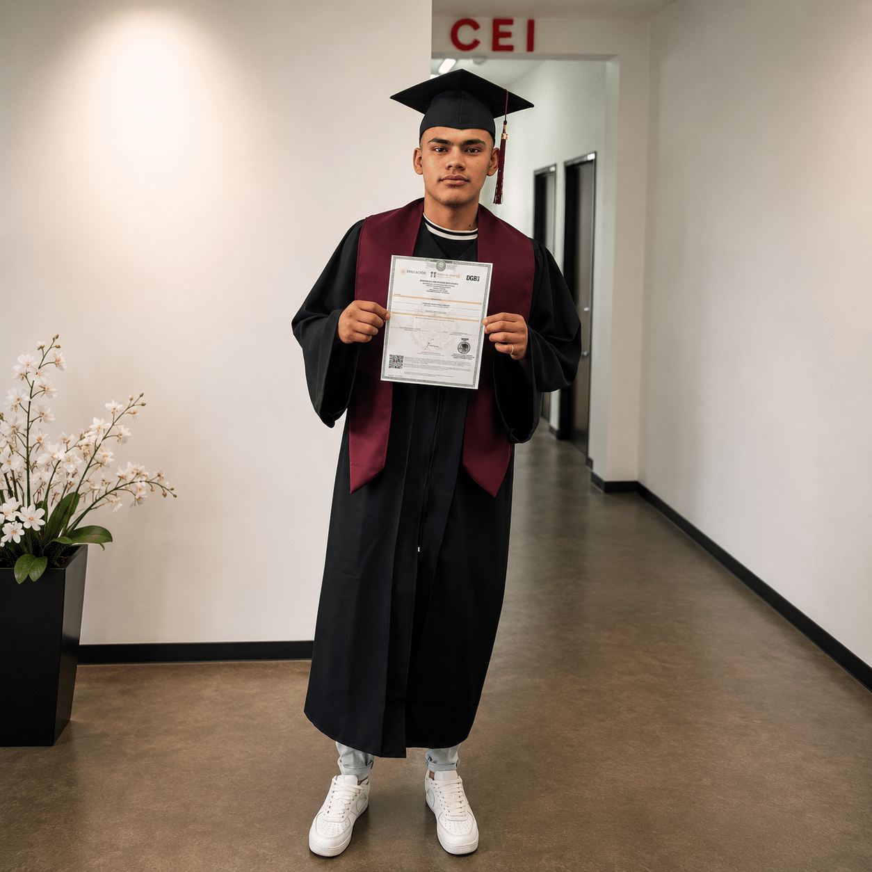 Graduate in cap and gown holding a diploma in a hallway, with a maroon stole and CEI sign visible above the doorway