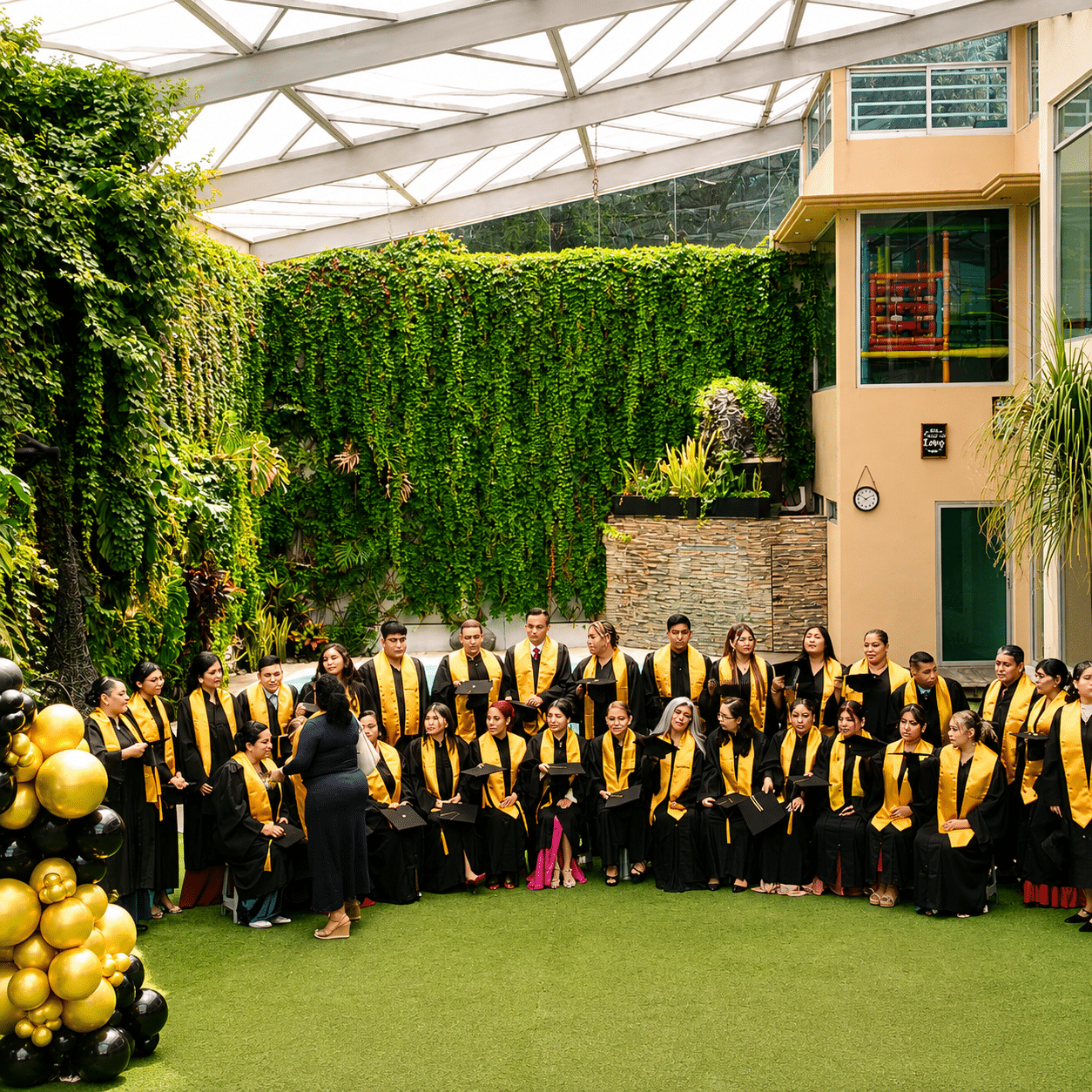 Group of graduates in black gowns with gold sashes seated and standing in an outdoor courtyard for a ceremony, with balloons on the left and greenery behind.