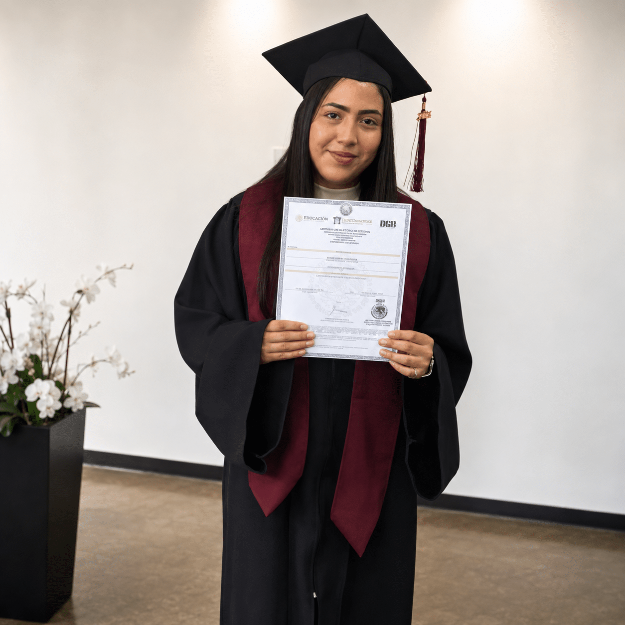 Young woman in a black graduation gown and cap, holding her diploma and smiling in front of a plain wall.
