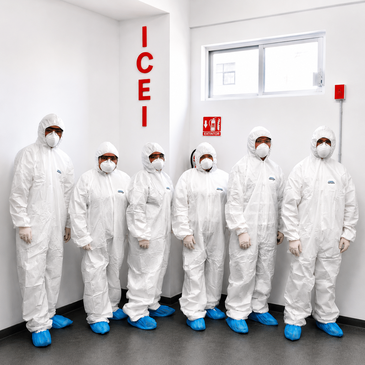 Six people in full white protective hazmat suits with masks and blue boot covers stand in a cleanroom hallway.