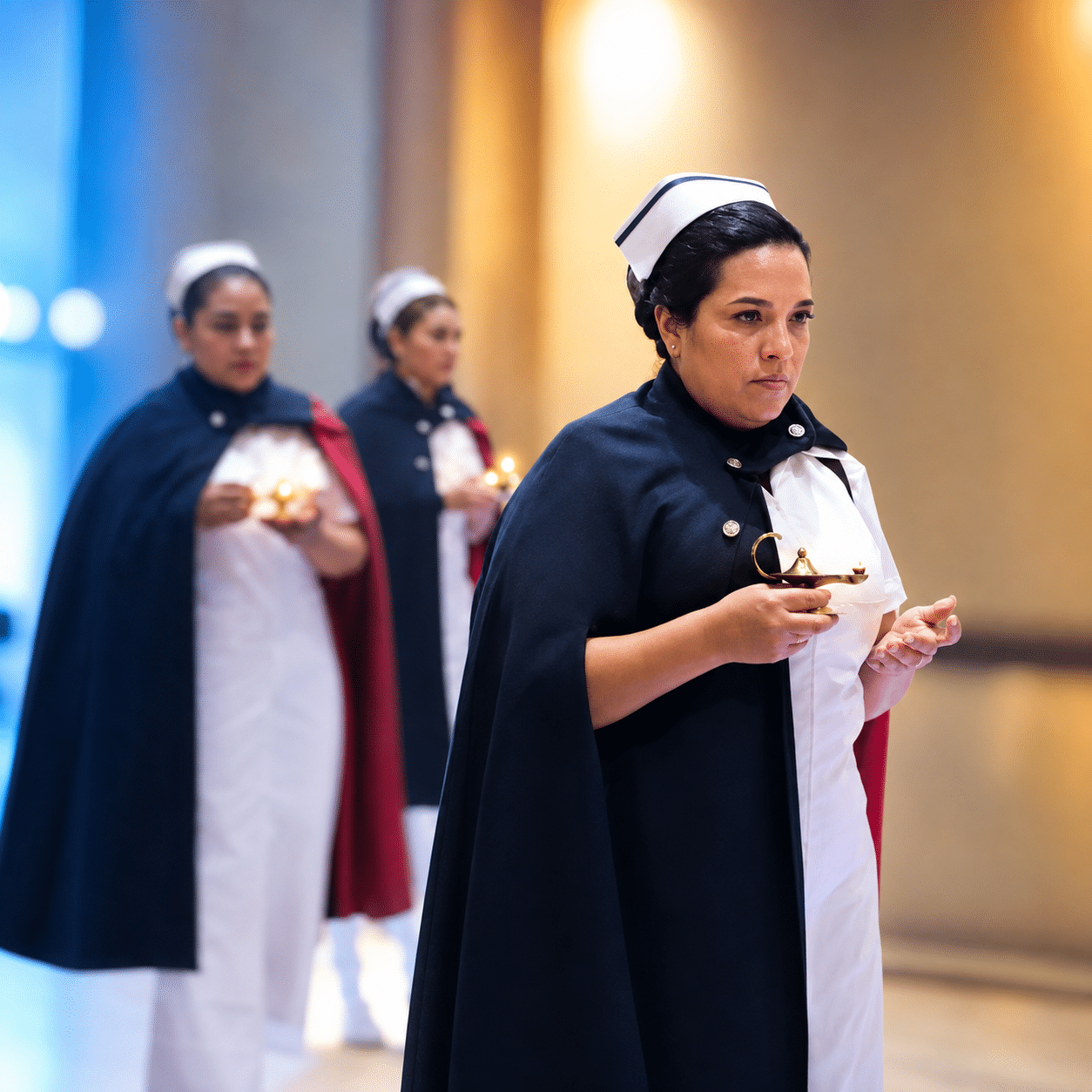 Three women in white dresses and dark capes hold small brass oil lamps in a ceremonial procession; the foreground woman gazes ahead in a warmly lit corridor